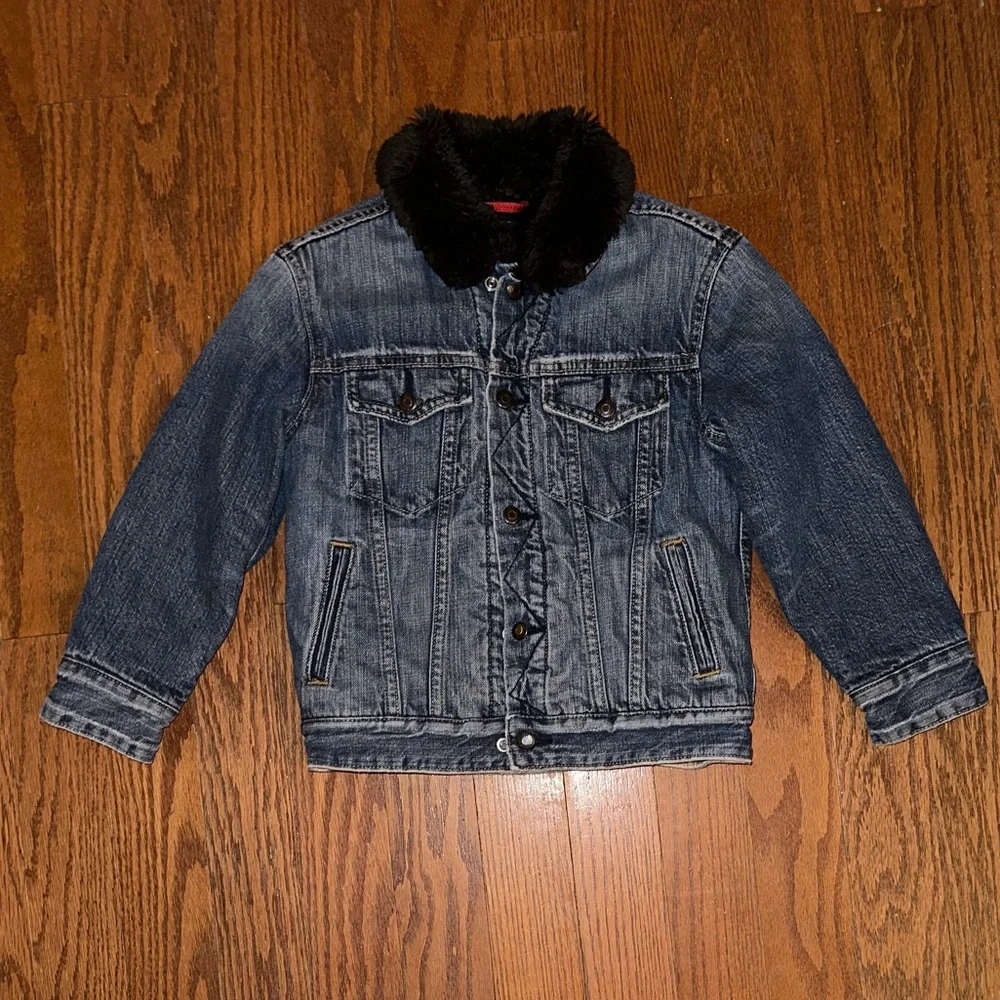GAP Blue Denim Jean Jacket with Black Faux Fur Collar